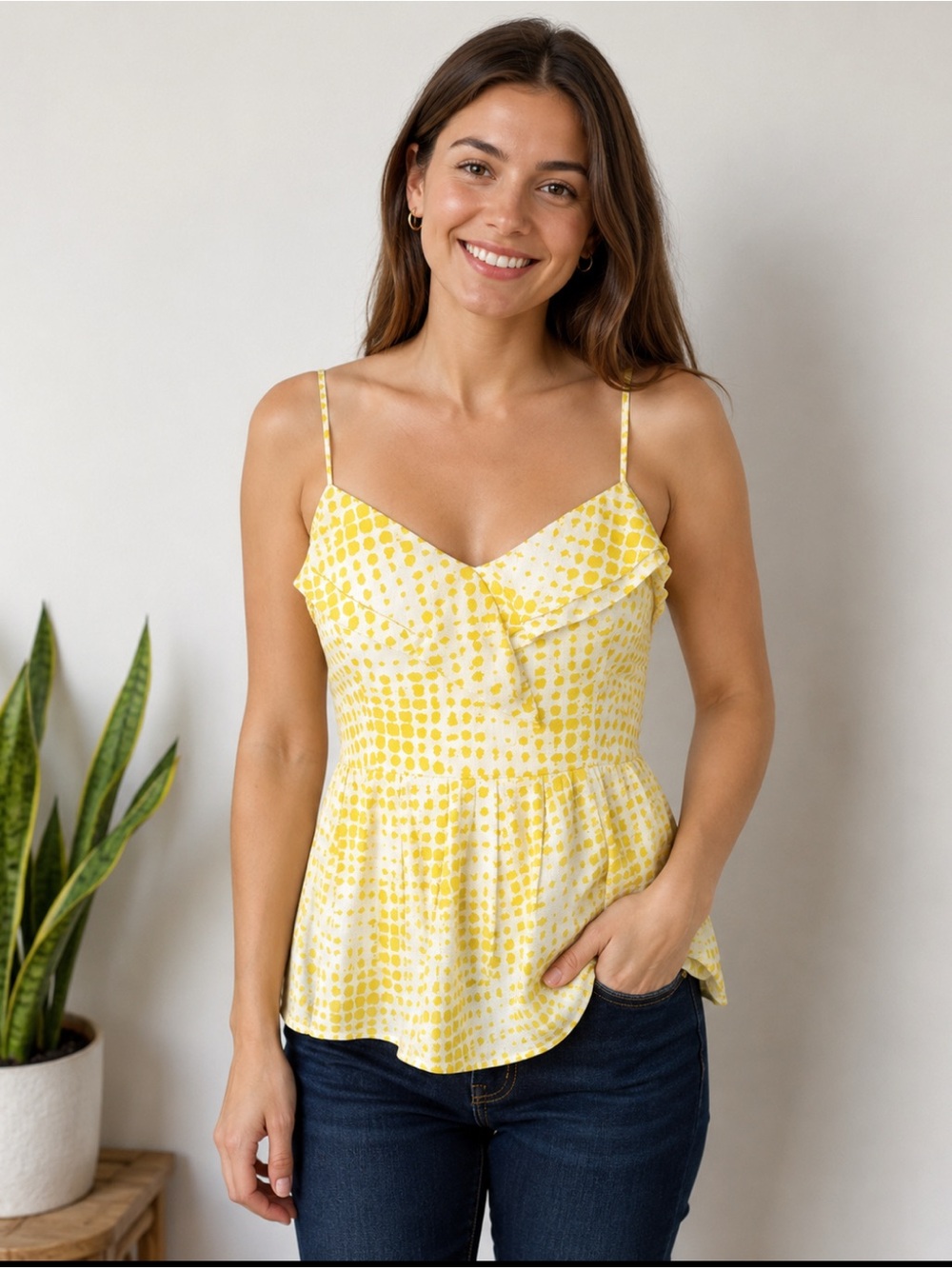 Billabong Ruffled Sweetheart Neck Tank Top Yellow White Boho Beach Summer